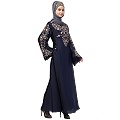A-line party wear abaya with Resham embroidery work- Navy Blue